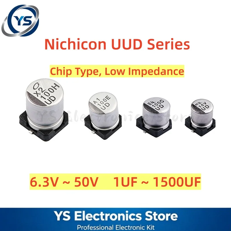 Condensateurs électrolytiques SMD série Nichicon UUD, 6.3V, 10V, 16V, 25V, 35V, 50V, 1UF ~ 1500UF, 100UF, 220UF, 470UF, faible ESR, originaux, 10 à 100 pièces