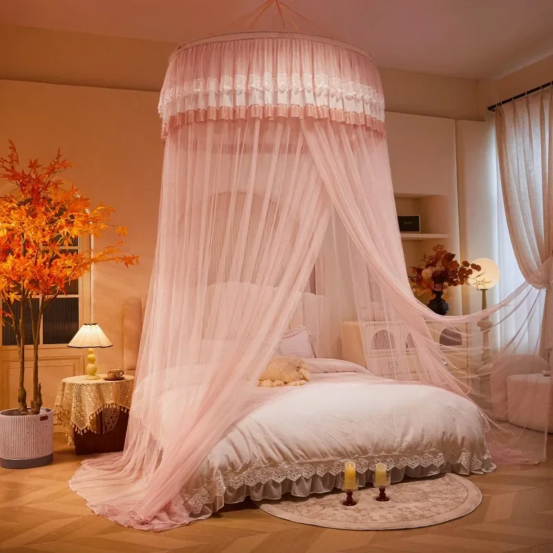 Princess Style Dome Ceiling Floor Mosquito Net with Lace Trim Summer Thickened Mesh Mosquito Net Home No Installation Bed Canopy