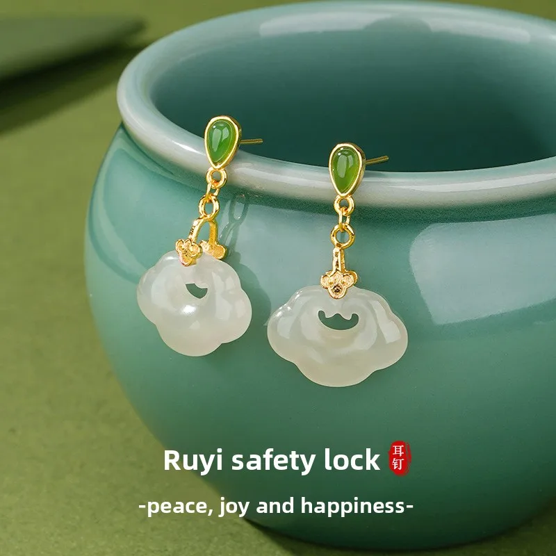 AETEEY S925 Silver Natural Hetian Jade Ruyi Lock Earrings Elegant High Texture Women Vintage Ear Jewelry