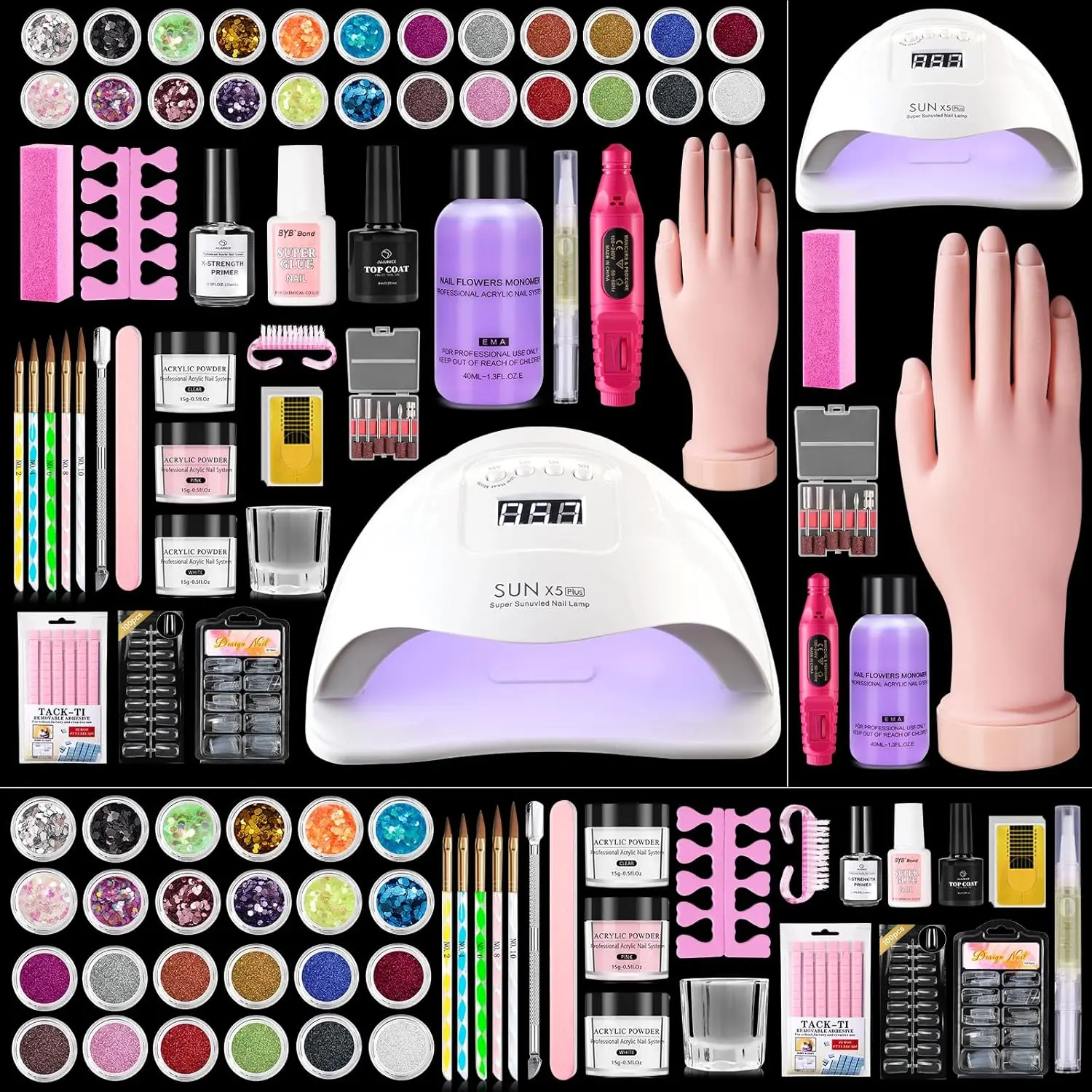 Acrylic Nail Kit for Beginners: Monomer Acrylic Nail Liquid Powder with Practice Hand U V Light Drill French Tips