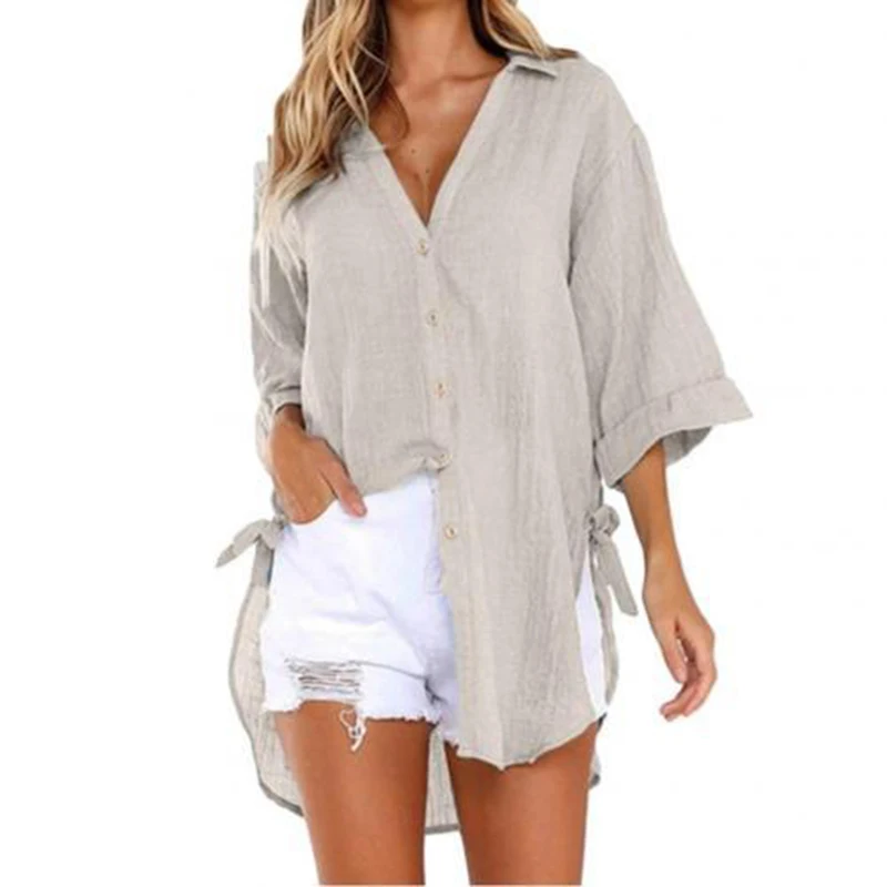 2024 Lace-up Irregular Shirts And Blouses OL Elegant Blouses For Women Summer Solid V-Neck Half Sleeve Causal Mid-length Loose