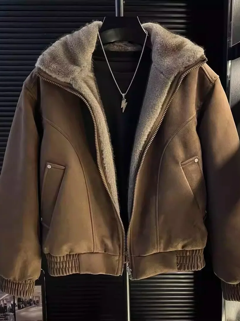

Men's Casual Sle Faux Fur Collar Jaet Autumn Winter Warm Loose Lapel Cotton Coat Youth Versatile Long Sve Zipper Decor