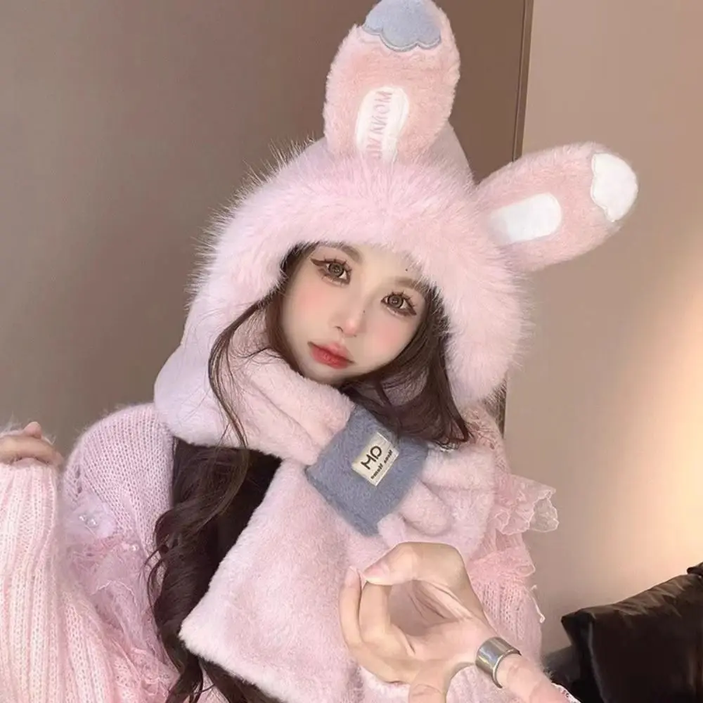 

Personality Ear Protection Rabbit Ear Hat Thickened Winter Bib Scarf Hat Cartoon Warm Fluffy Hat Streetwear