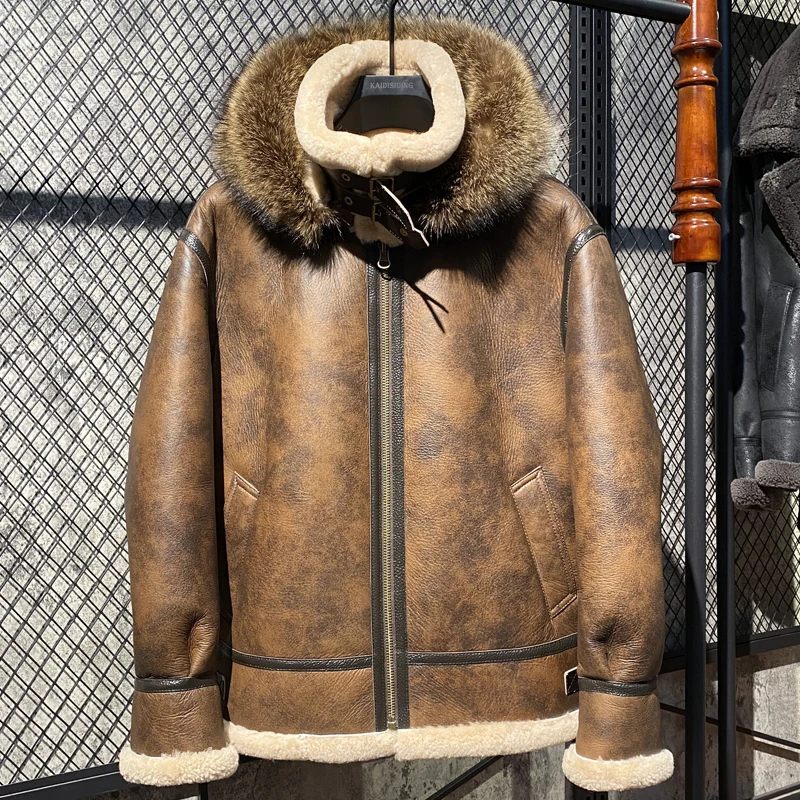 

Winter Men's Pilot Coat Genuine Leather Sheepskin Shearling Jacket for Male with Raccoon Fur Hood Vintage Brown 5XL 6XL 7XL 8XL