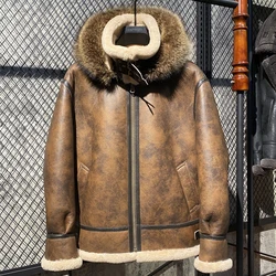 Winter Men's Pilot Coat Genuine Leather Sheepskin Shearling Jacket for Male with Raccoon Fur Hood Vintage Brown 5XL 6XL 7XL 8XL