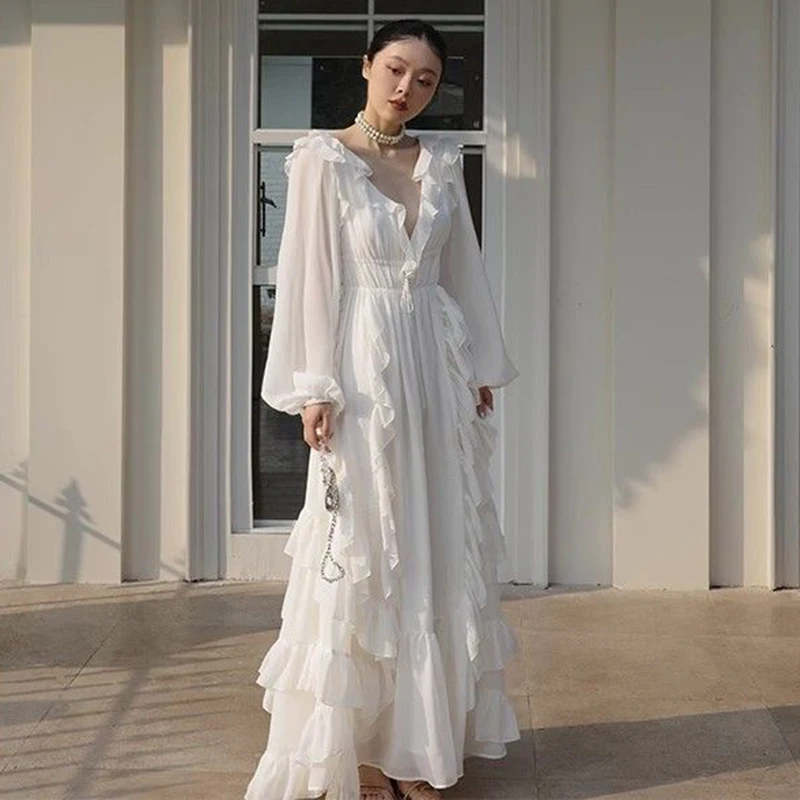 

V Neck Chiffon Layered Ruffles Maxi Dresses Women High Waist Full Sleeve A-line Long Dress Summer Lady High Street Robes