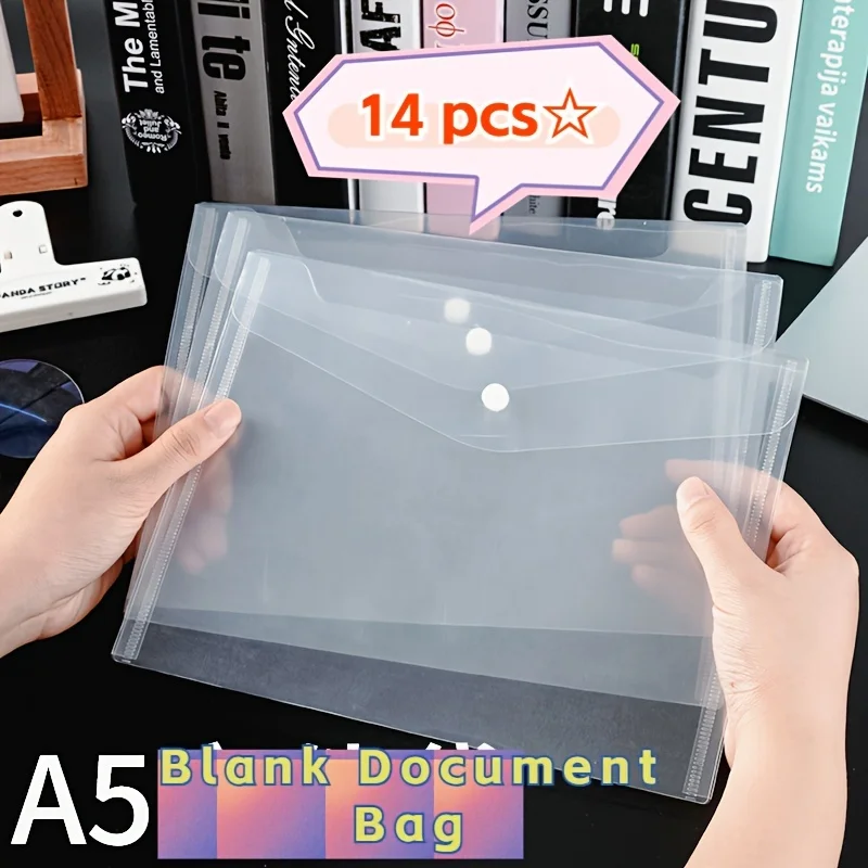 14pcs A5 Clear Envelopes, Durable PP Snap Button Document Bags, Waterproof Storage Pouches for Office and Receipt Organization