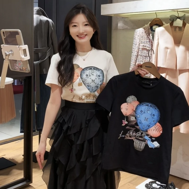 

Faionable ort Sve T-irt Women's Heavy Embroidery Hot Air Balloon Print Casual Loose Fit Summer Top Knot