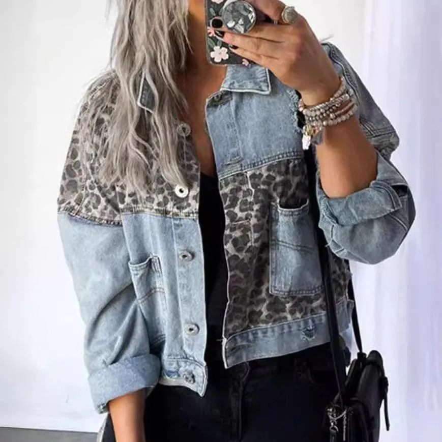 Women\'s Autumn Winter New Leopard Splicing Top Denim Jacket Pocket Single Breasted Button Jackets Coat