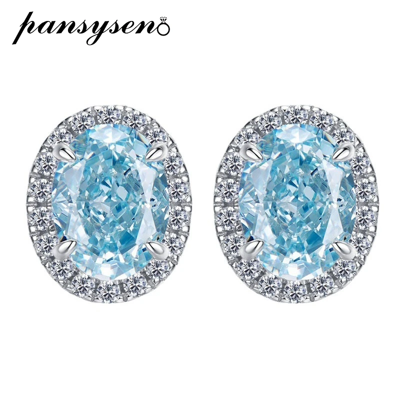 

PANSYSEN 100% 925 Sterling Silver 6x8MM Radiant Cut Aquamarine Diamond Gemstone Stud Earrings for Women Luxury Wedding Gift