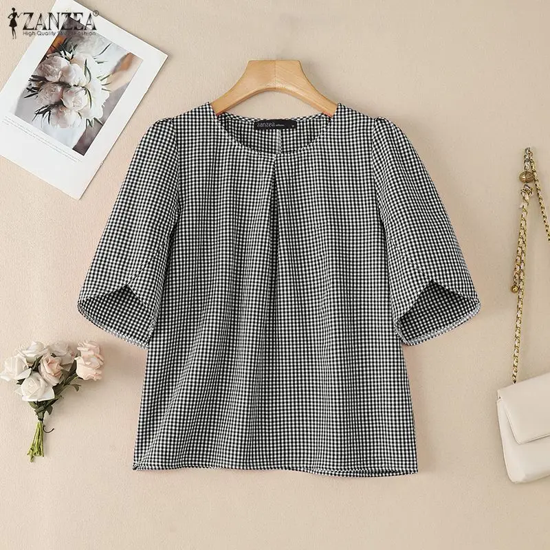 ZANZEA 2026 été Plaid Blouse mode chemise femmes élégant à manches courtes pétale travail Blouses décontracté col rond vacances Blusas tunique