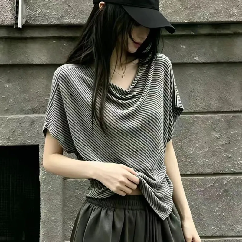 Women Striped Draped Neck Batwing Short Sleeve T Shirt Irregular Hem Loose Slim Summer Casual Top