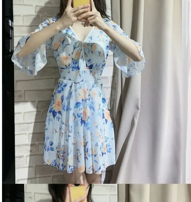 New Women's One-piece Swimsuit Plain Corner Large Size Hot Spring Long-sleeved Korean Style Sexy Oversized
