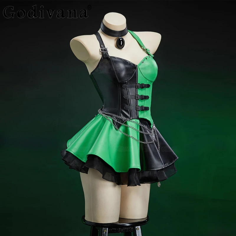 トップスとスカートのセット、チョーカーとウエストチェーン付き、ハロウィン、女性用ゴシック、黒と緑の衣装、女性用カラーブロックコルセットスカートスーツ