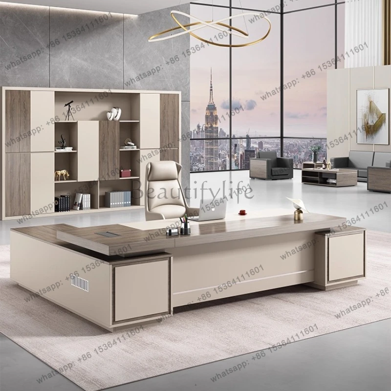 

Office table chair combination modern CEO l shaped manager corner office boss Height desk luxury furniture double cabinet Room