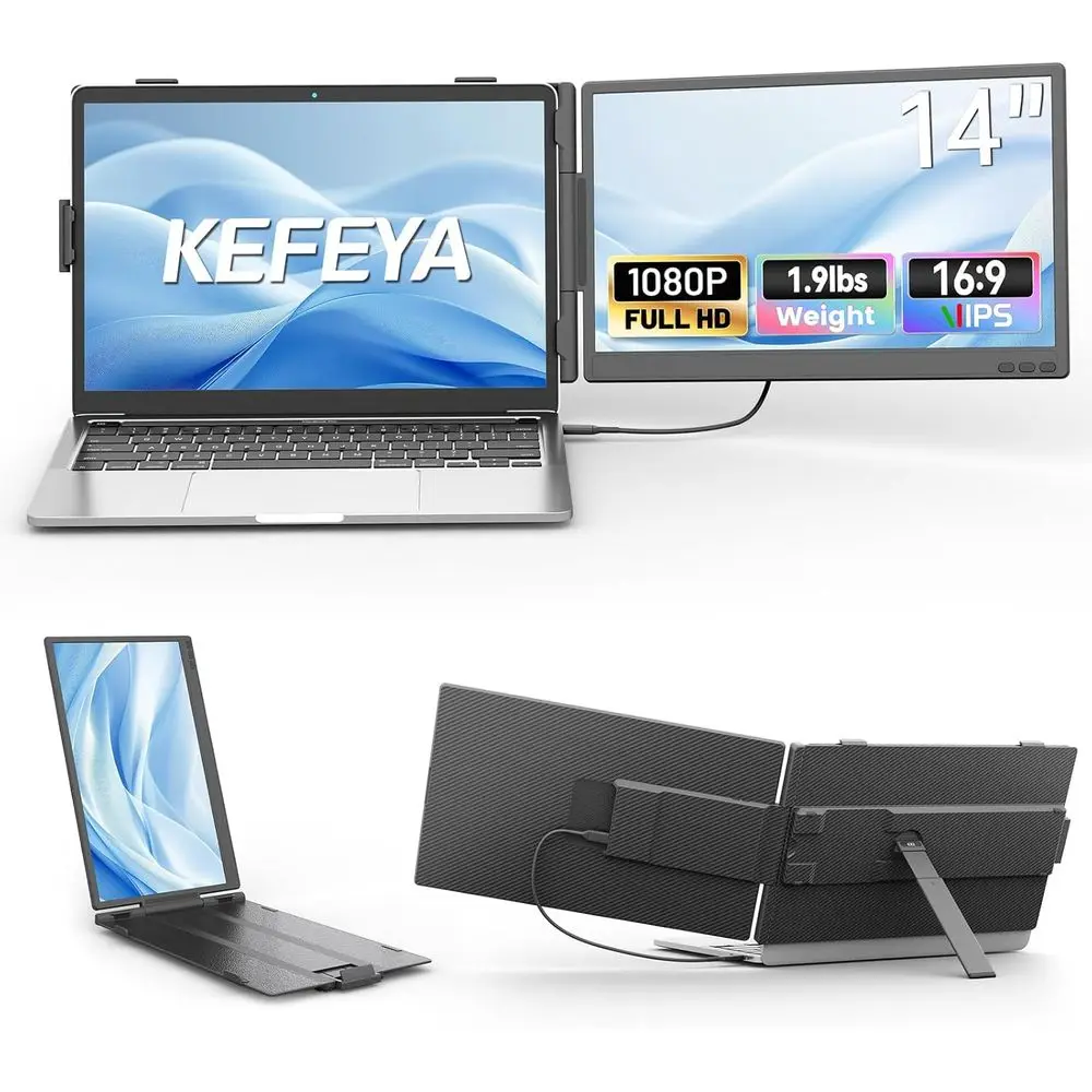 

14 HD 1080P IPS Dual USB-C/HDMI/USB-A Laptop Monitor Extender, Portable Display for 13-17 Laptops, Compatible with Windows/Mac/S