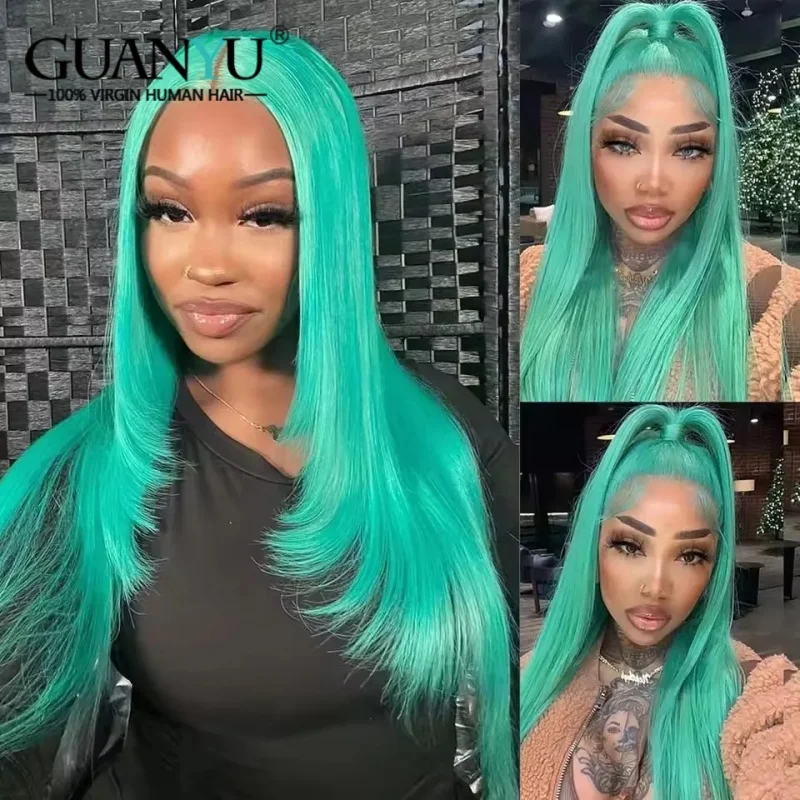 Peluca con malla frontal transparente 13x4 recta de hueso de cabello humano vietnamita de color verde menta peluca con cierre de encaje 4x4 prearrancada para mujer