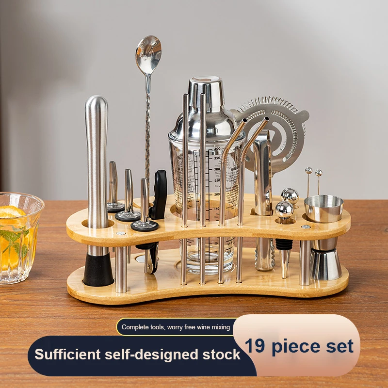 19/16 Pcs Bartender Set Shaker Cocktail Bartending Mixer Wine Tools Removable Bamboo Rack Stainless Steel Drink Party Bar Sets