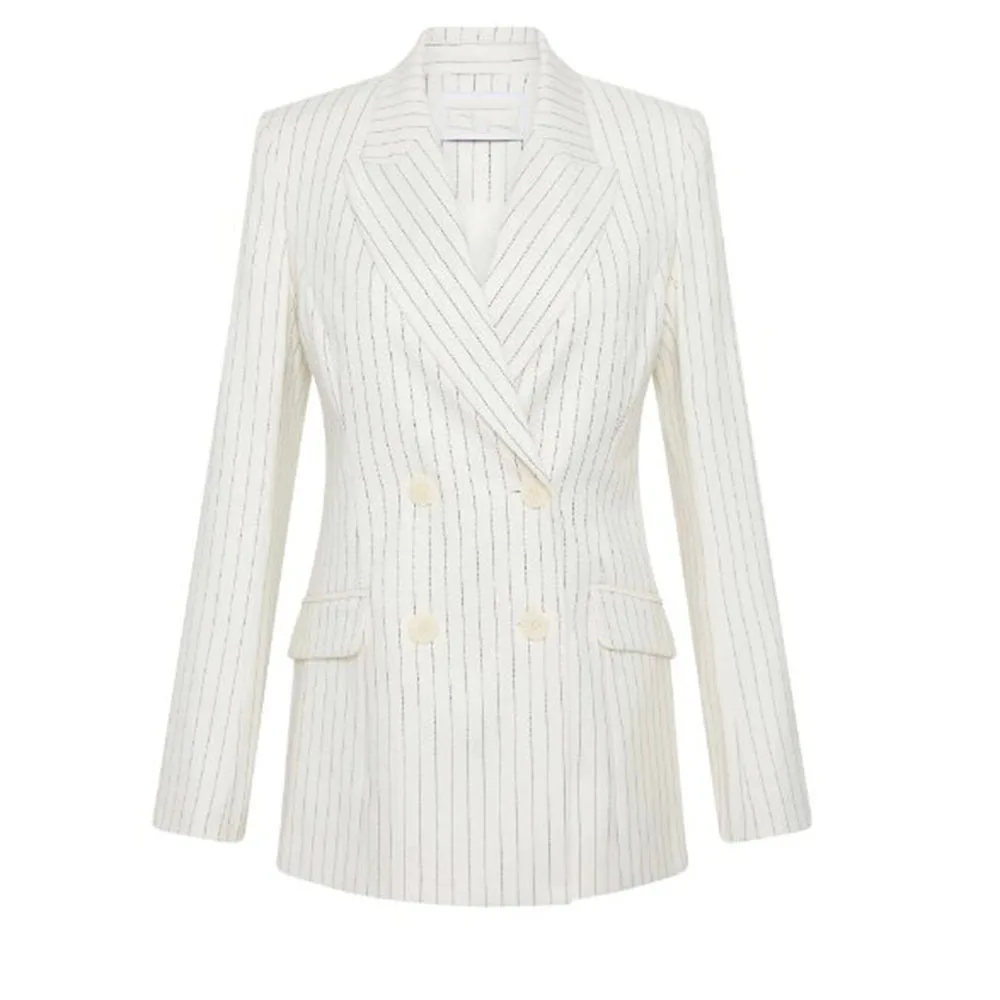 الصيف الأبيض مخطط المرأة البدلة مزدوجة الصدر 2 قطعة سترة السراويل السترة مجموعة أنيقة الذكية مكتب رسمي سيدة الملابس النسائية