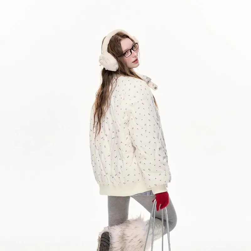 Korean Pink Floral Quilted Small Petite Down Cotton Parkas Women Stand Collar Button New Coat Fashion Warm Casual Cozy Soft