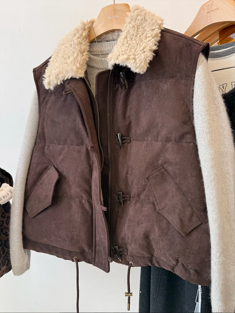 

Retro Korean Sle Button up Warm Cotton Vest Women's Faionable Layering Top Anti-Aging Outerwear for Autumn And Winter