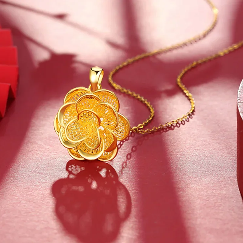

Real 24k 999 Yellow Gold Color Gold Hollow Floral Silk Peony Pendant Necklace Ladies Necklace Fashion Luxury Fine Jewelry Gifts