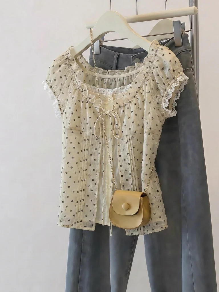 

Summer New Polka Dot Short Sleeve Shirt Women's Big Size Fat MM Anti-Aging Doll Shirt Top Commute Style Korean Version Loose Fit