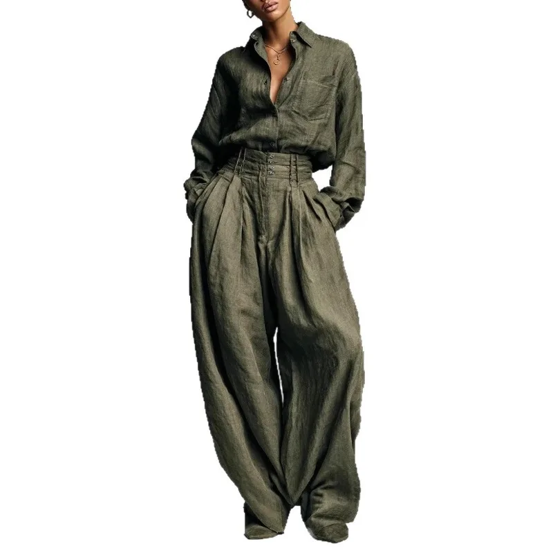 Conjunto feminino vintage de duas peças, elegante, camisa de manga comprida com bolso, calças largas, outono, verde militar, roupas soltas e chiques