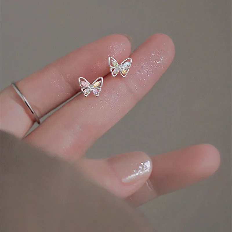 925 Sterling Silver Light Luxury Simple Niche Feeling Multicolored Zircon Butterfly Small Women's Stud Earrings