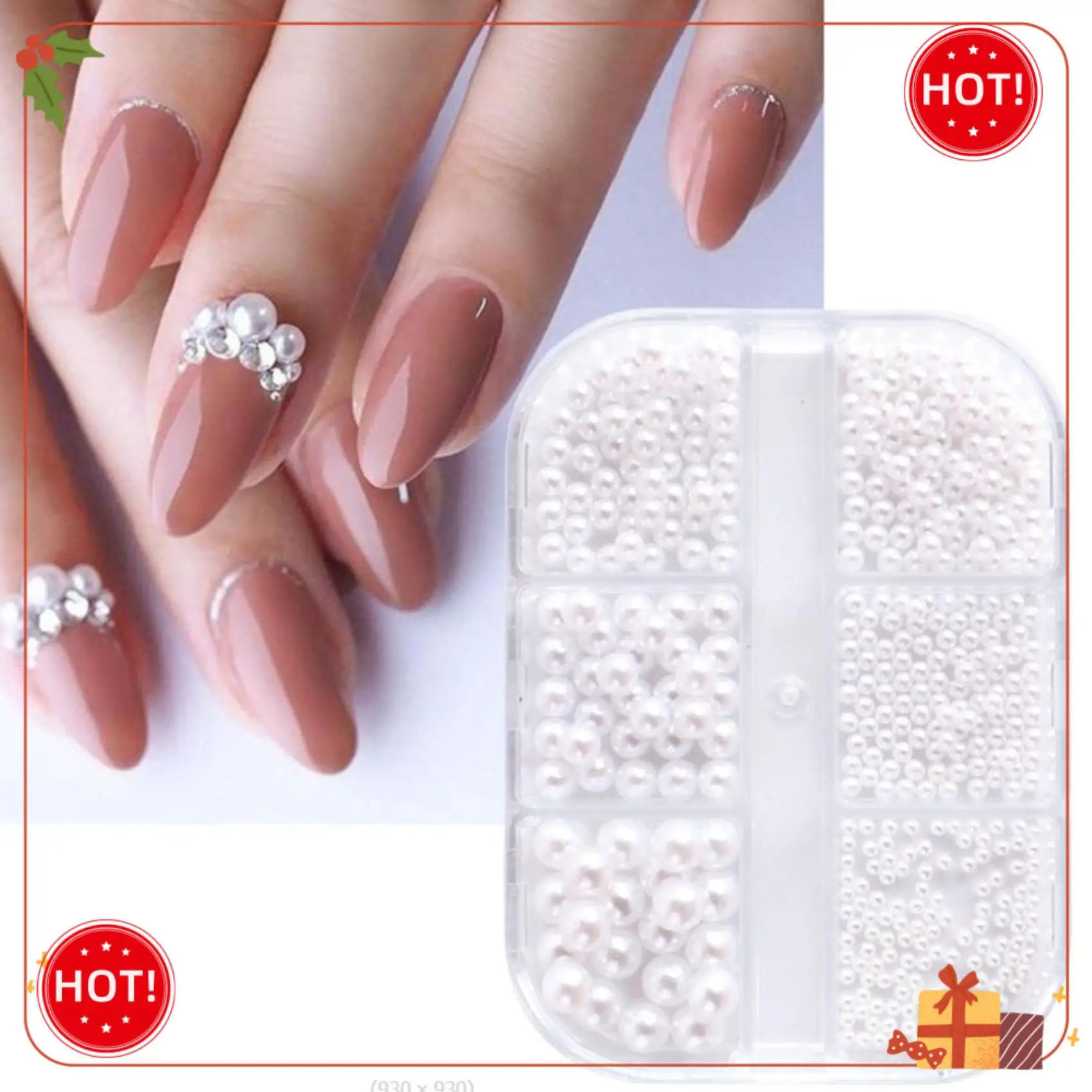 ABLE-1Box decoraciones de perlas, dijes para uñas, piezas redondas blancas para uñas, bolas de cuentas de acero dorado, joyería, accesorios para decoración de uñas