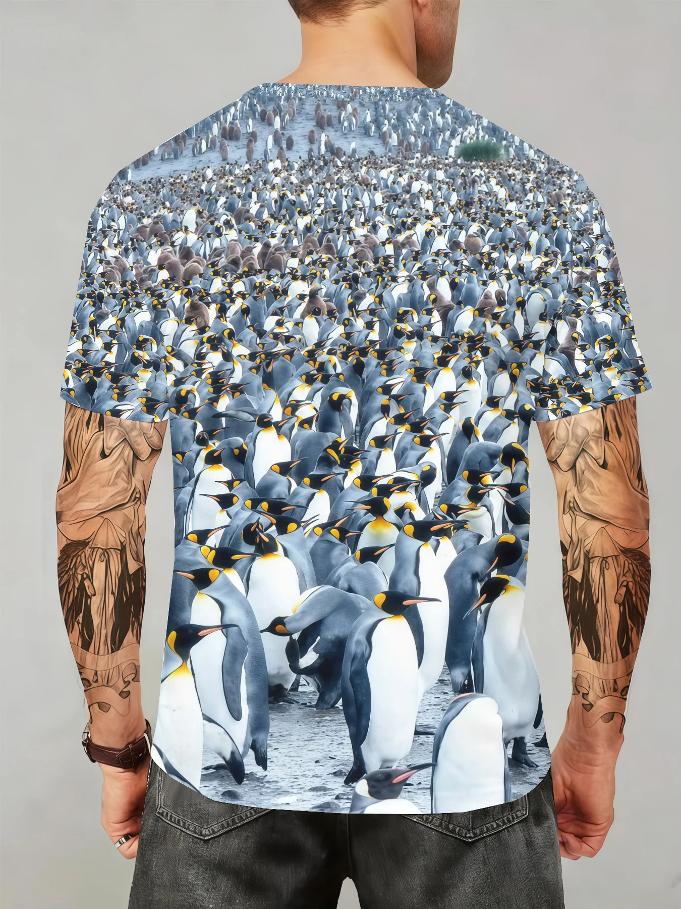 Men's 3D Dense King Penguin Colony Print T-Shirt Crew Neck Short Sleeve Antarctic Animal Casual Summer Tee Top