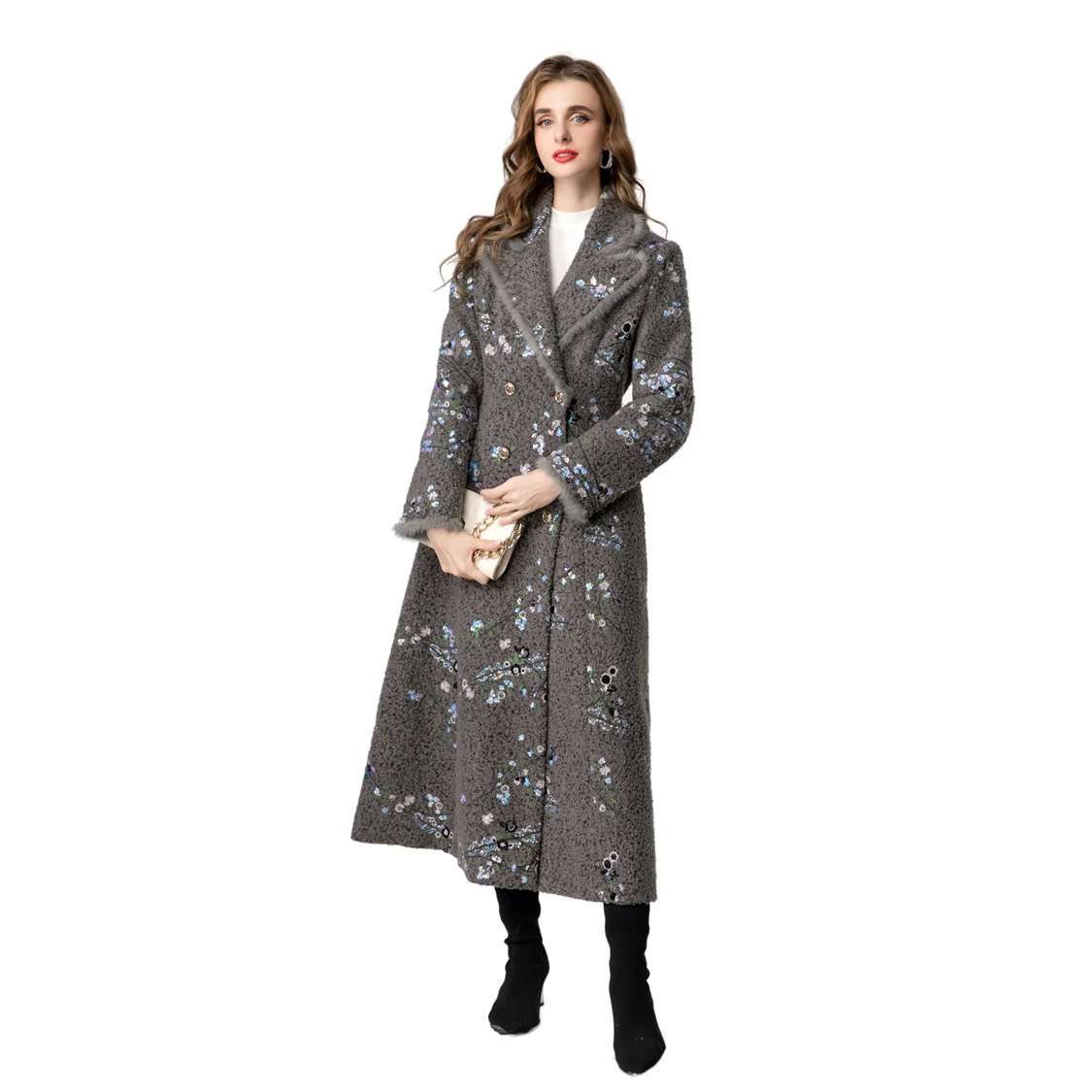 Splendido paillettes ricamate bordeaux - Cappotto maxi soffice rifinito con pelliccia - Colletto con risvolto rifinito per l'autunno/inverno S-4XL