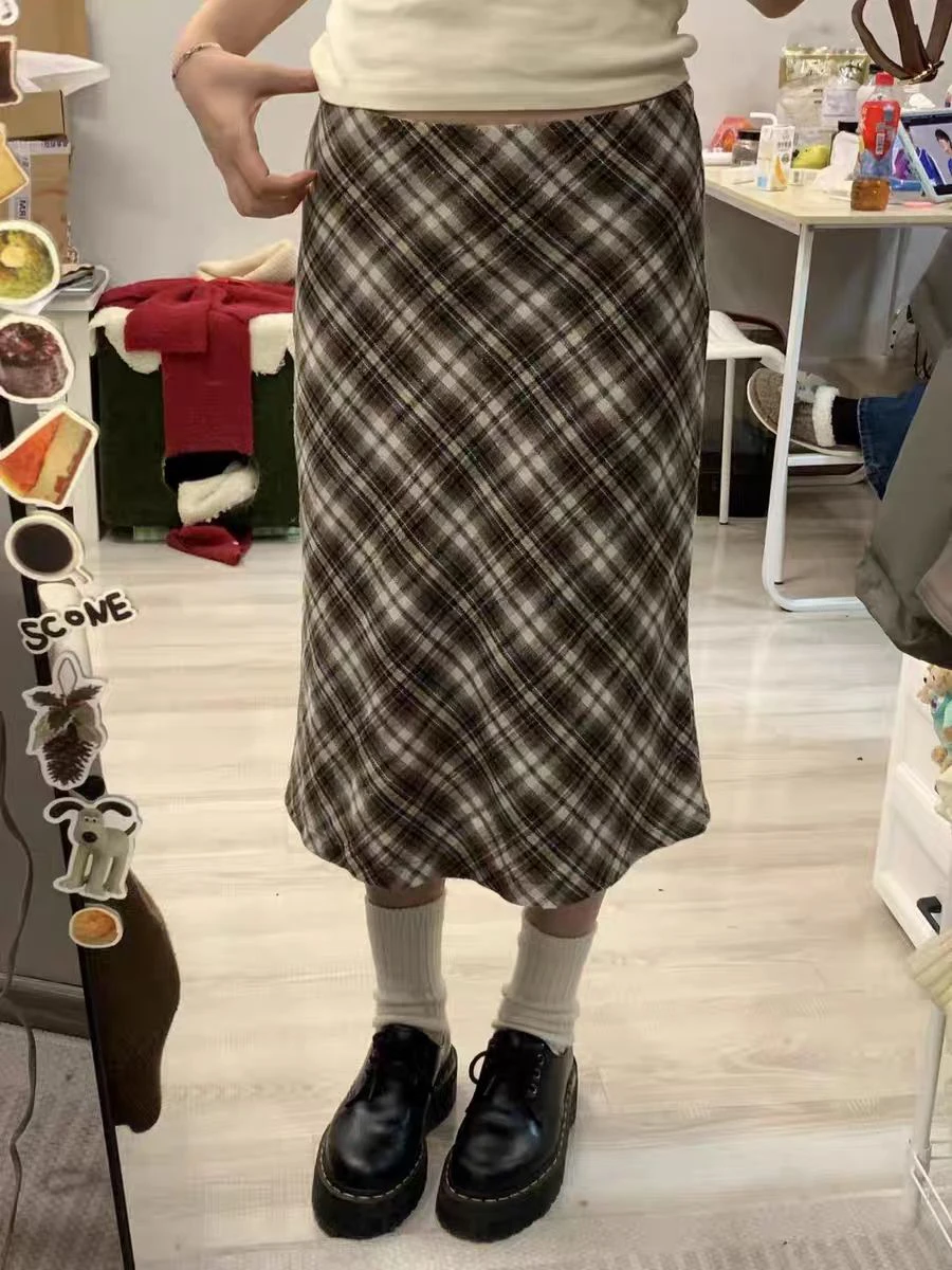 American Vintage Plaid Midi Skirt Woman A-line High Waist Long Skirts 2023 Summer School Style Y2k Classic Cotton Faldas Chic