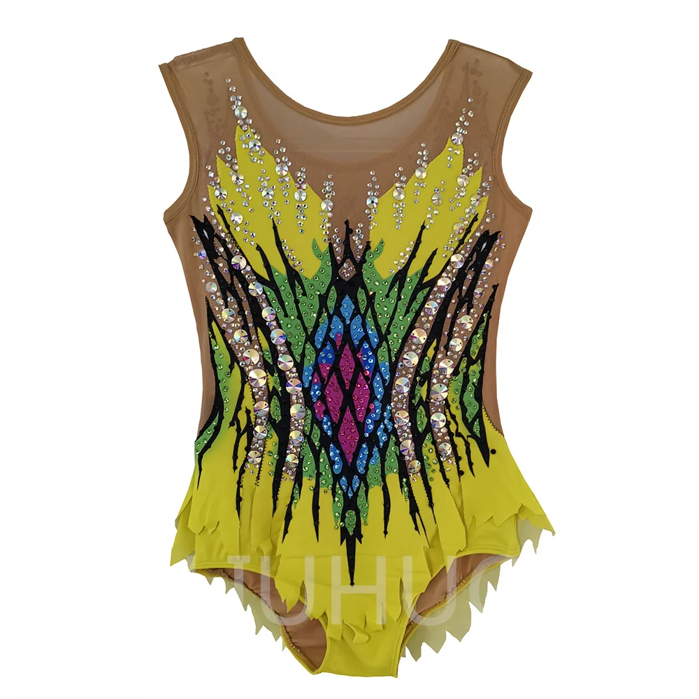 Rhythmic Gymnastics Leotards Yellow Rhombus Sleeveless Diamond Girls Competition Performance