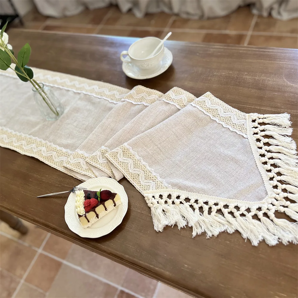 Versatile Table Runner Crochet Macrame Lace Tassels Beige Farmhouse Table Cloth for Dining Room Wedding Handmade Table Decor