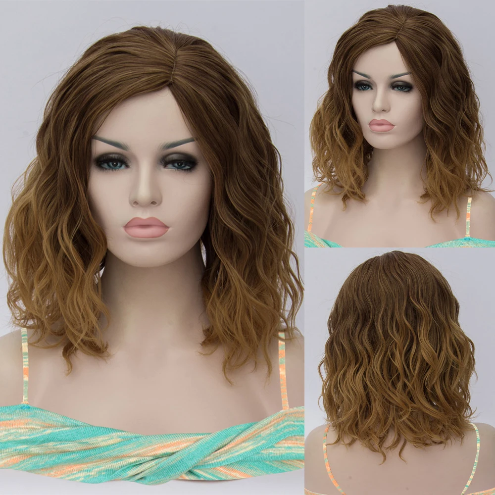 MSIWIGS Woman Brown Cosplay Wig Short Wavy Synthetic Heat Resistant Hair Pink Blonde Ombre Cos Wig