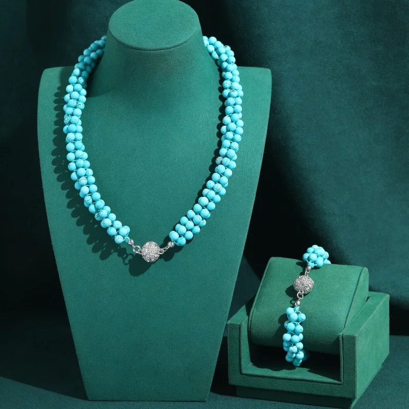 Vintage Turquoise Magnetic Rhinestone Jewelry Sets Necklace Bracelet Pearl Purple Agate Ball Luxury High Quality Gifts For Women