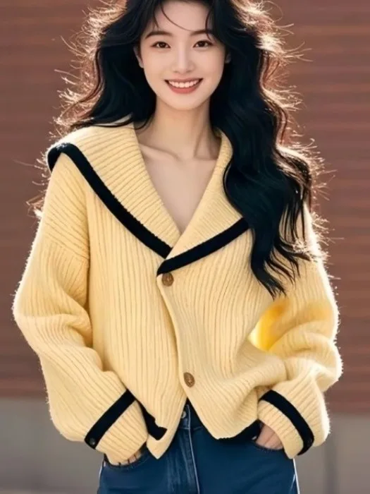 

Корейский вязаный свитер с желтым воротником и цветовыми блоками, зимняя новинка, женская модная верхняя одежда из полиэфирного волокна