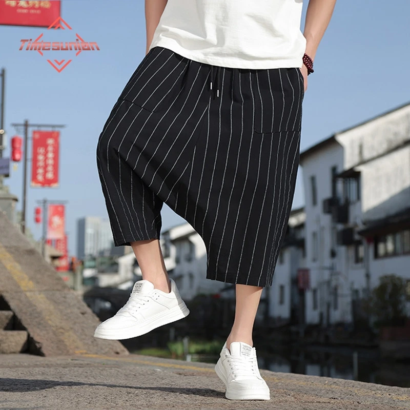 

Japanese Style Striped Men's Summer Shorts Wide Leg Seven-Foot Pants Loose Fit Summer Fashion Low Waist Crotch Casual Trousers