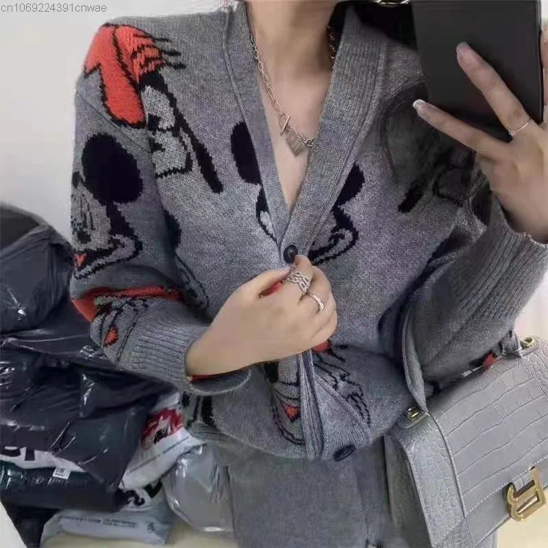 Disney Mickey Mouse Cardigan Sweater For Women New In Korean Style Fashion Chic Fall Winter Knit Clothes Female Kawaii Anime Top