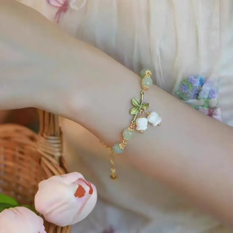 New Chinese Style Beaded Bracelet Delicate Cherry Orchid Flower Charm Anti-Fade for Women Birthday Gift Party Wear