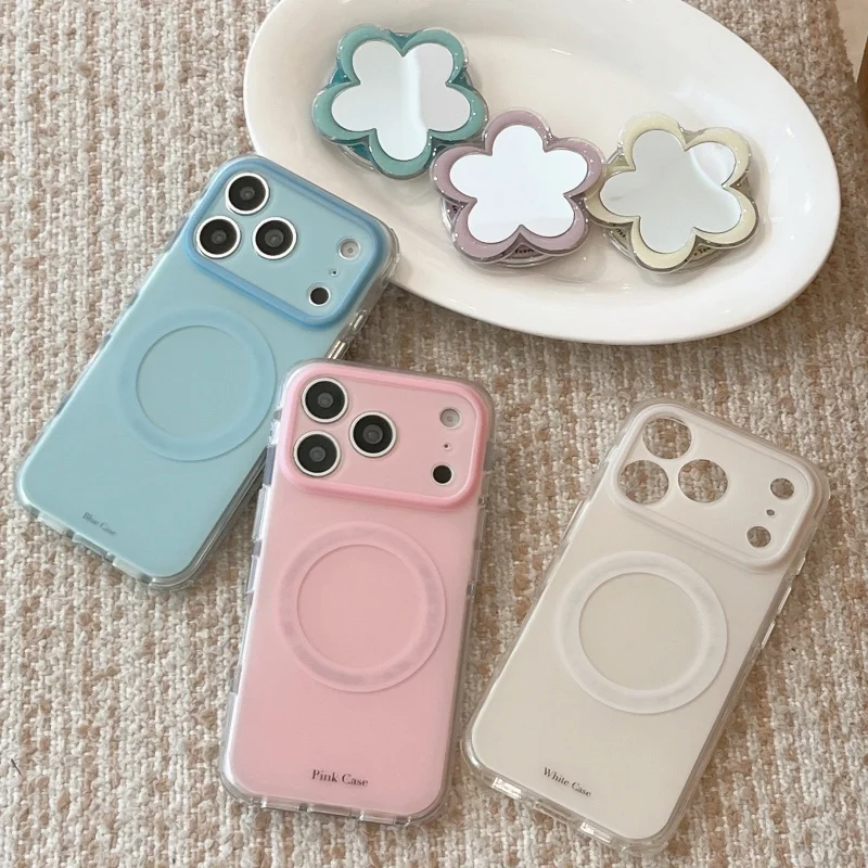 Korean Ins Solid Color Matte Magnetic Phone Case For iPhone 17 Pro 16 15 14 Pro Max Cover with Flower Mirror Stand Cases For Mag