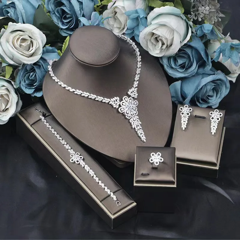 

New zircon necklace earrings ring bracelet four-piece set