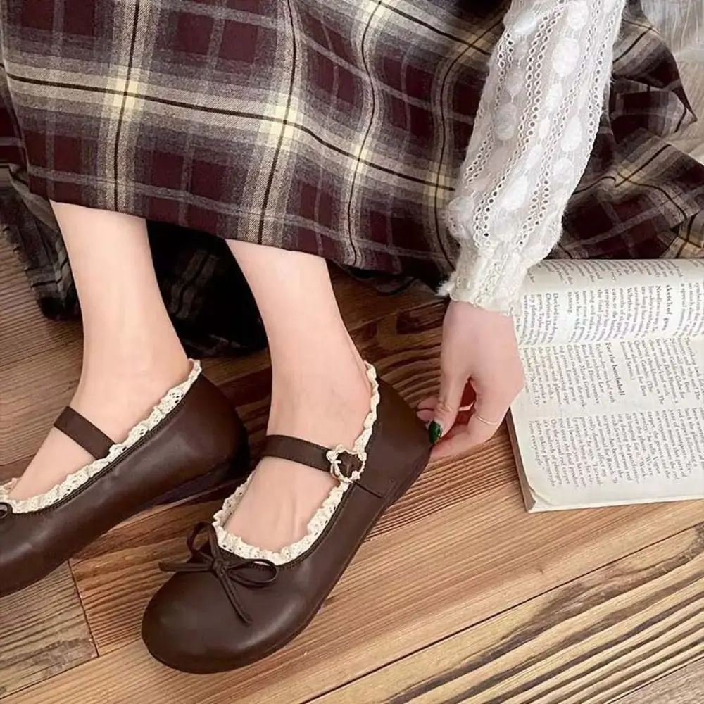 Lolita PU Leather JK Flat Shoes Lace Ruffled Bow Casual Ballet Flats Sweet Soft Sole Mary Jane Shoes Girls