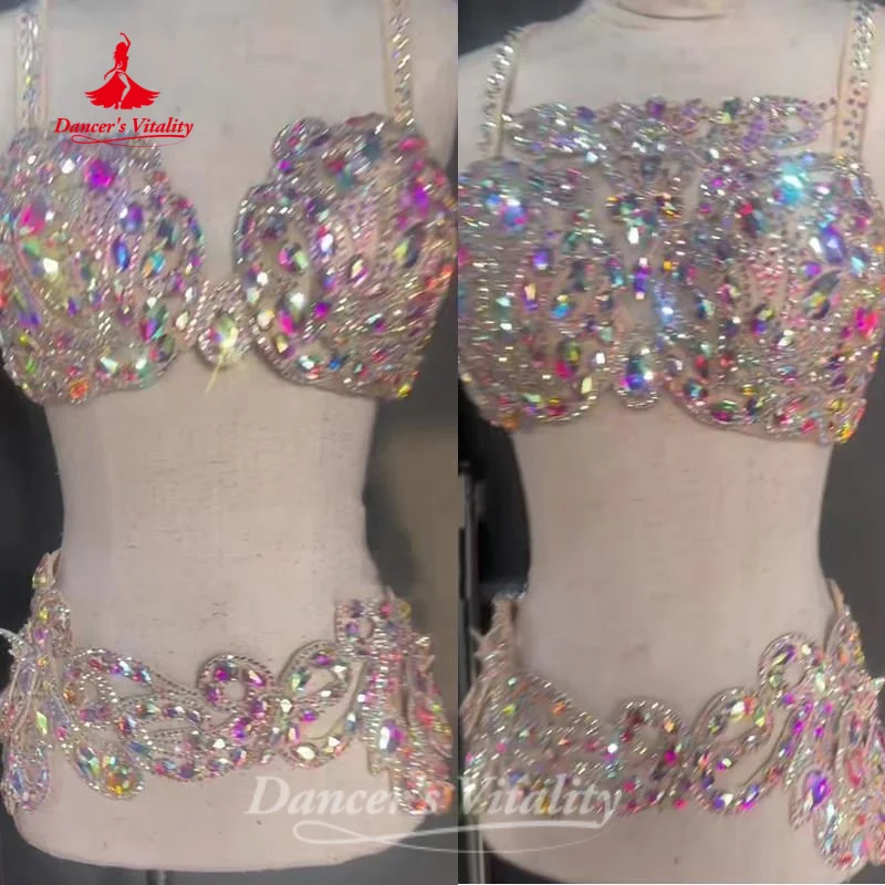 Traje de Danza del Vientre Personalizado de Lujo con Pedrería AB y Borlas, Conjunto de 2 Piezas (Sujetador + Cinturón) para Danza Oriental - Vitalidad de la Danza