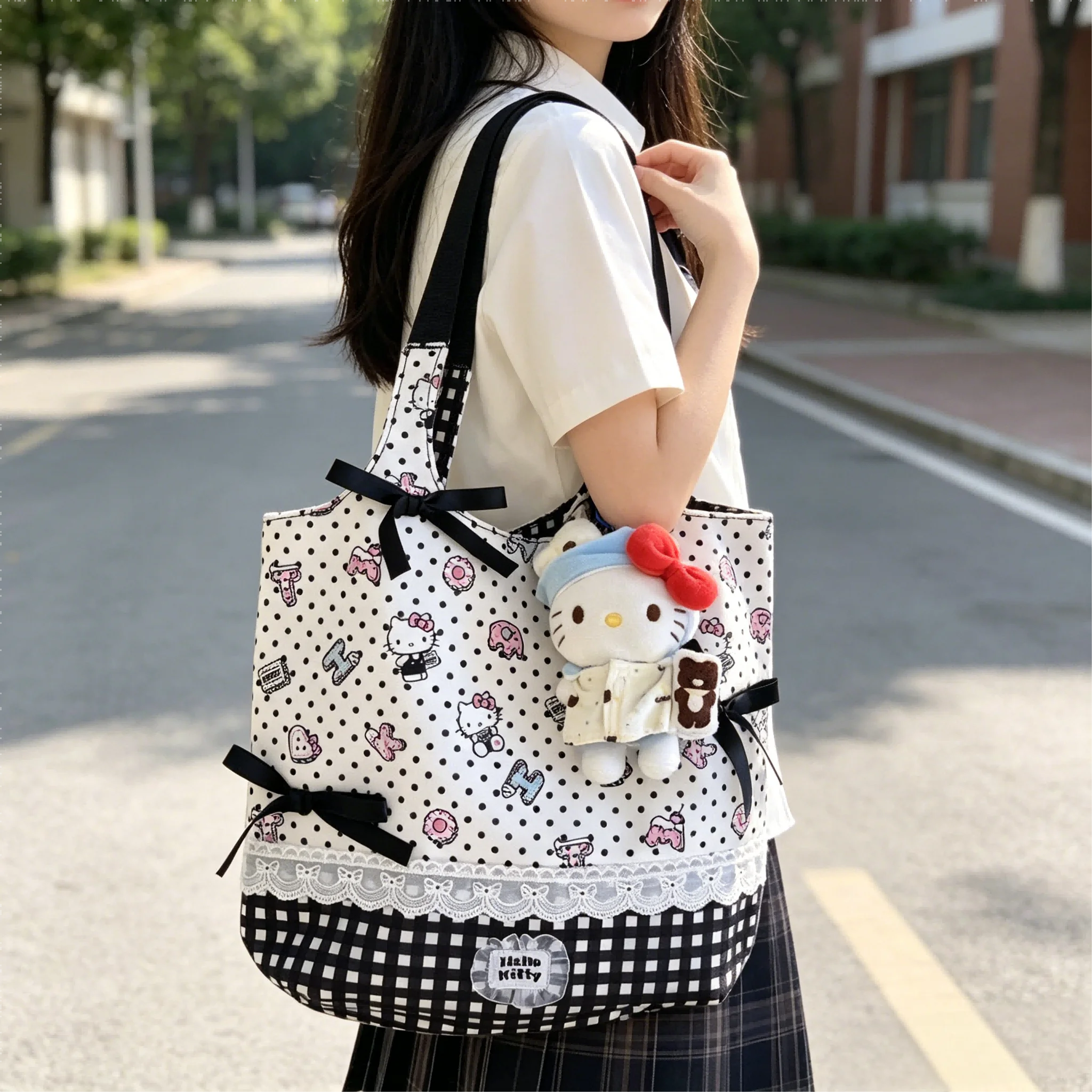 New Ins Style Hello Kitty Canvas Tote Bag, Cute Casual Handbag for Students, Commuter Lunch Bag Reusable Shopping Bag