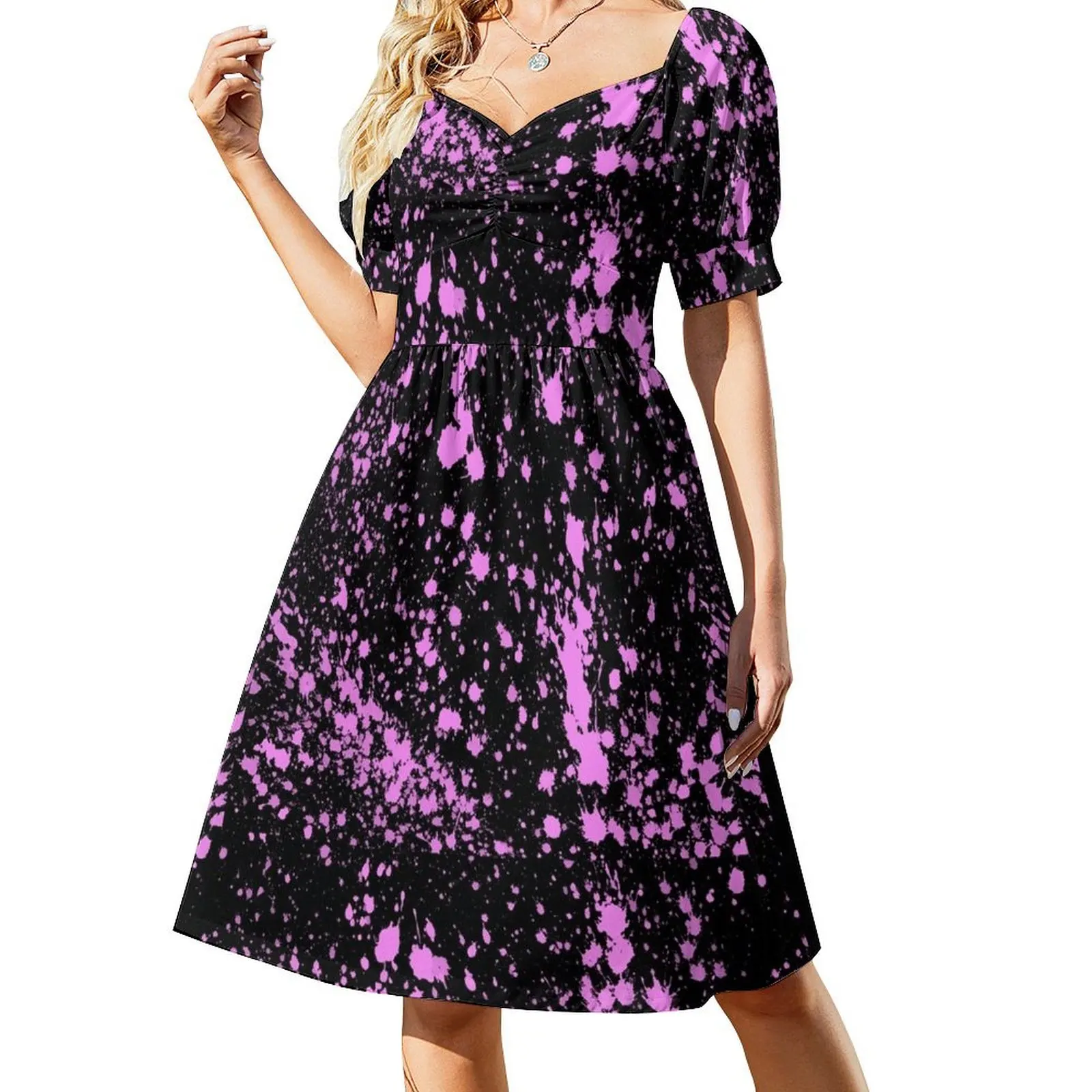 Pink Neon Paint Splatters Short-Sleeved Dress Dress vintage summer woman dress 2025