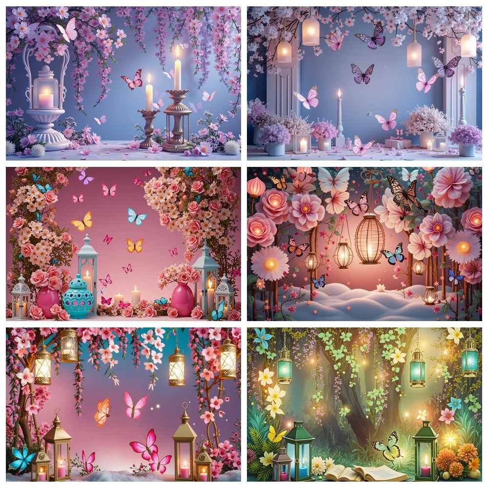 

Pink Purple Children Birthday Photozone Backdrop Hanging Flowers Balloons Butterfly Baby Photography Shooting Background