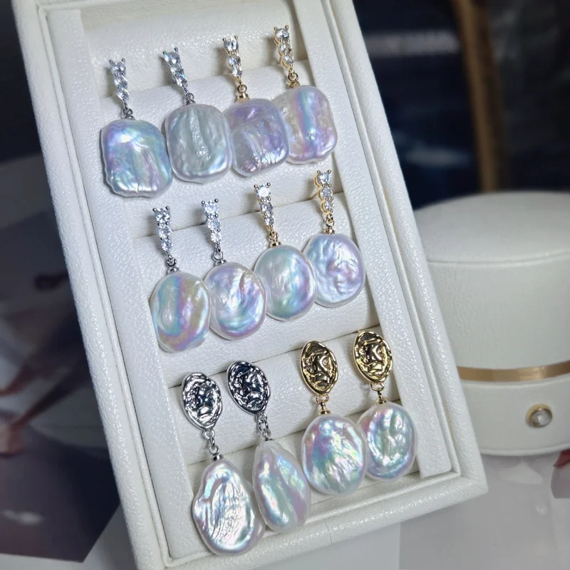 

Freshwater women, square baroque pearl drop earrings, oval pearls, versatile S925 studs