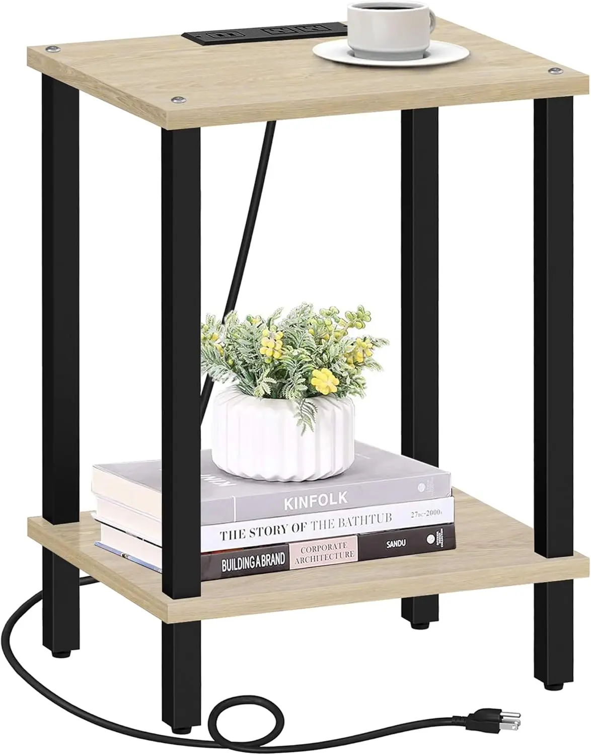 

End Table with Charging Station, Small Side Table with Outlets, Nightstand Bedside Table, 2-Tier Storage Shelf for Small
